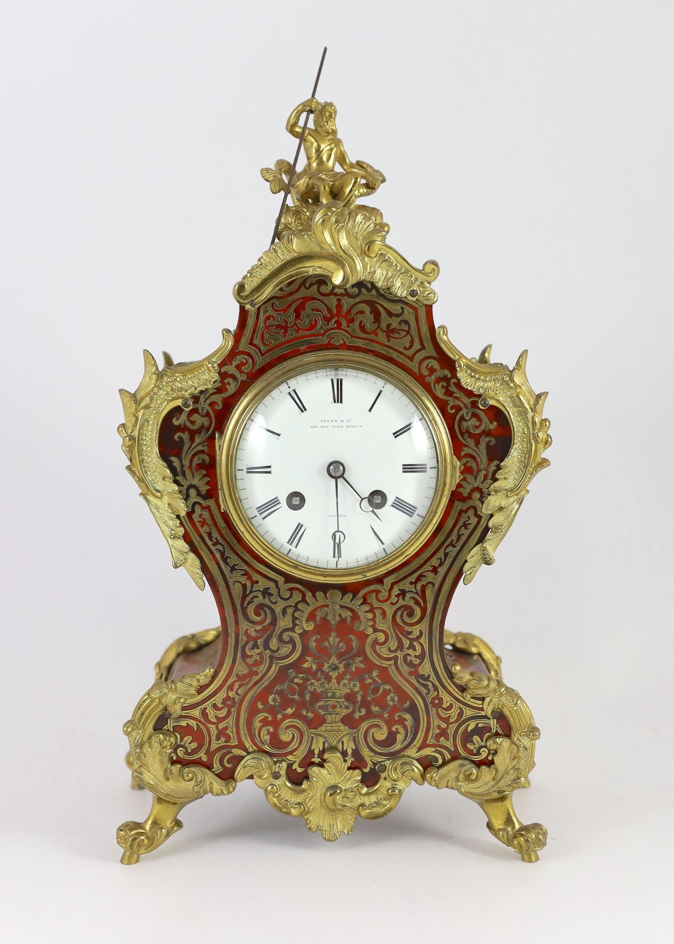 Payne & Co, 162 New Bond Street, London. An early 20th century ormolu mounted red boulle mantel clock, width 20cm, depth 12cm, height 37cm